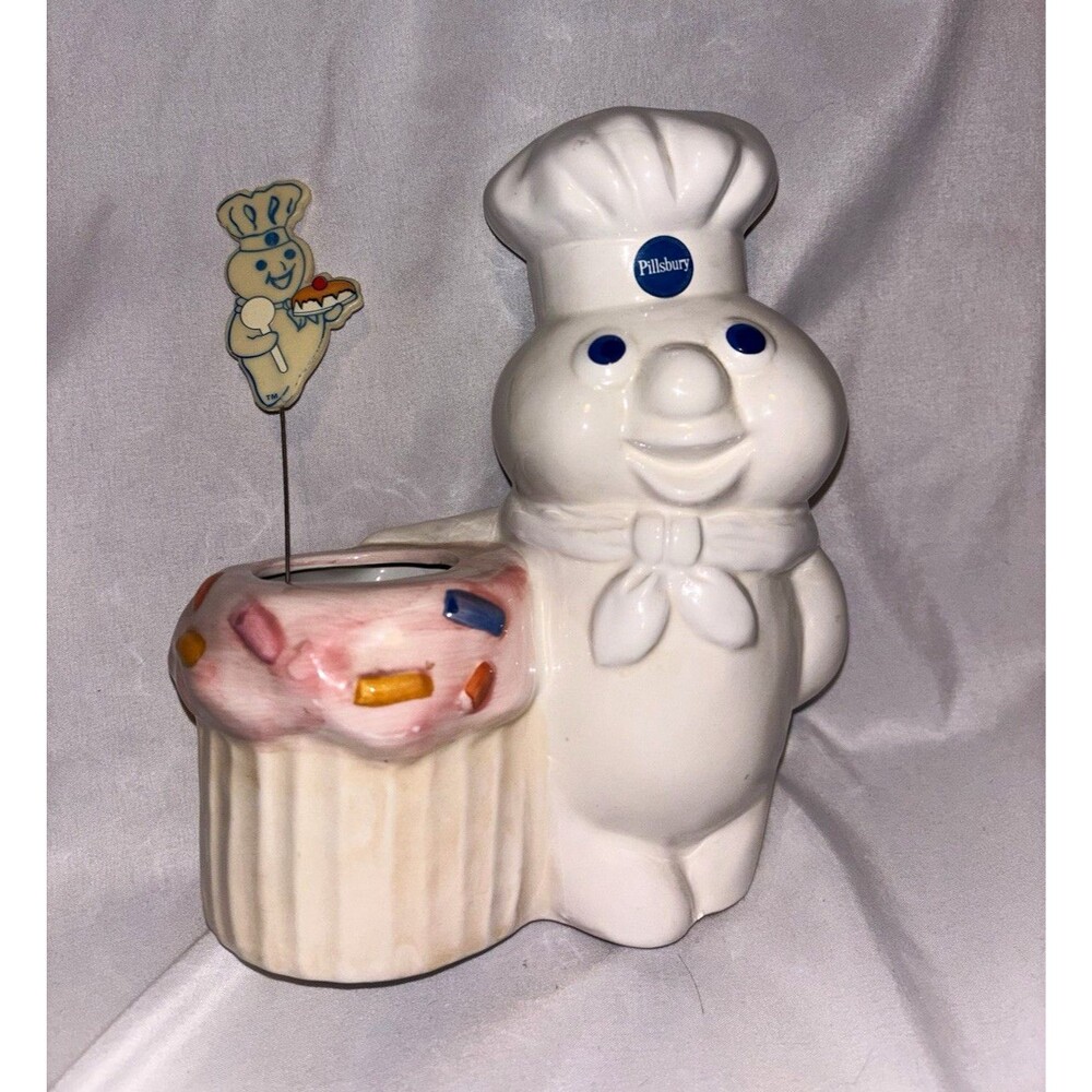 Pillsbury Doughboy 1992 Glossy Ceramic Figurine w/ Cupcake Holder